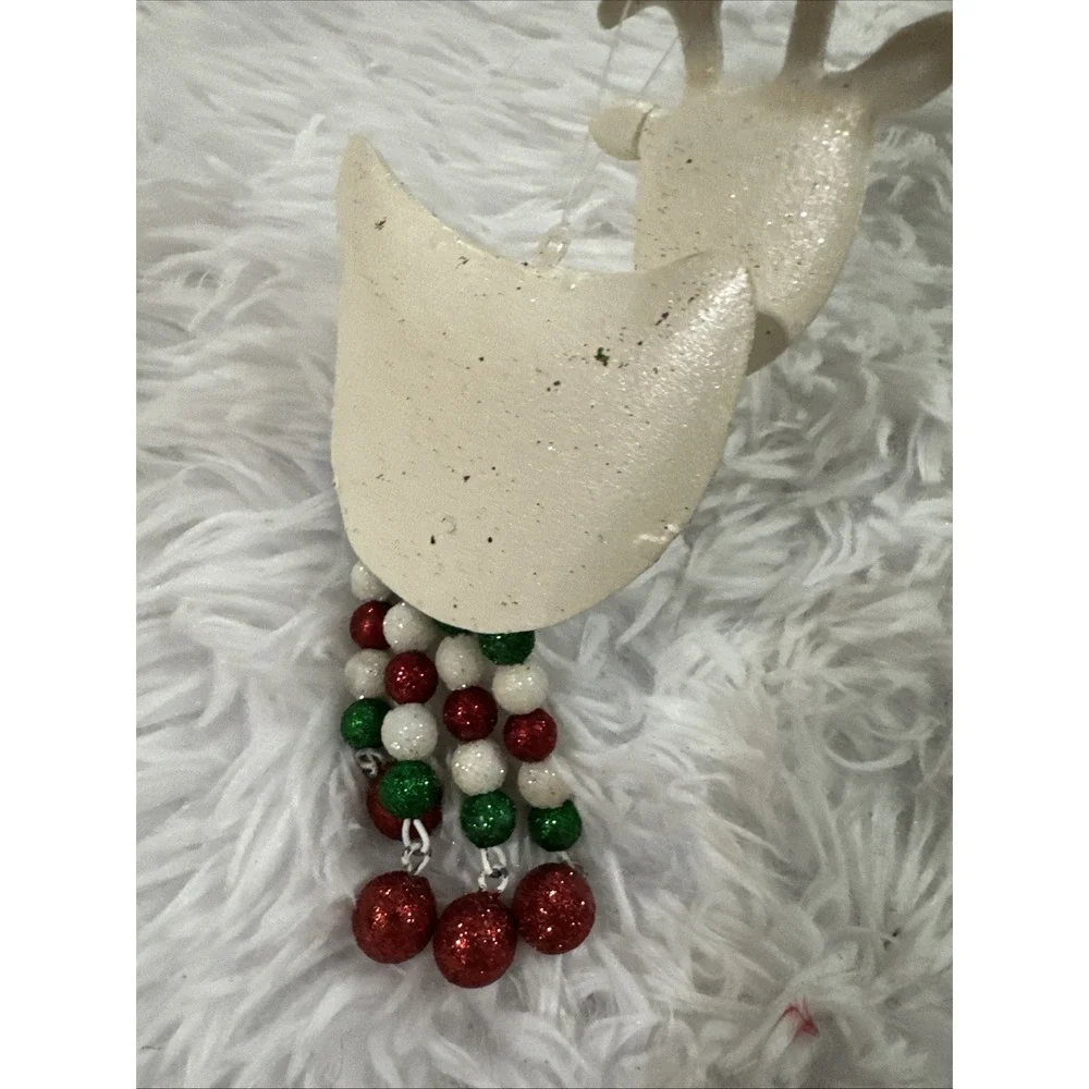 Vintage Pier‎ 1 White Glitter Reindeer Bobble Head Red And White Dangle Legs